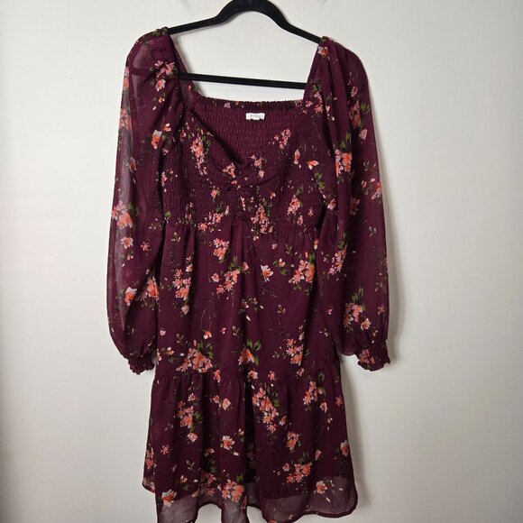 Maurices Size M Floral Arbor Smocked Berry Wine Long Puff Sleeve Dress Knee Leng - Picture 1 of 12